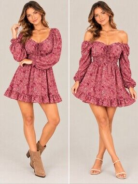 Jrs. Mary & Mo Romantic Boho Floral Peasant Ruffle Off/On Shoulder Mini Dress